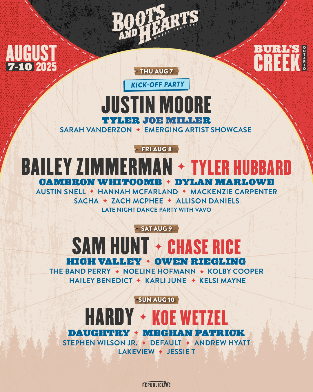 Boots and Hearts 2025 Full Lineup Poster, Aug 7-10 at Burl's Creek Event Grounds