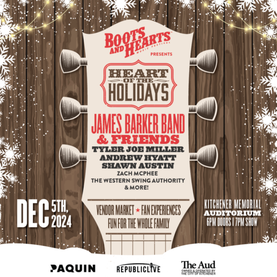 Poster for Heart of the Holidays presented by Boots and Hearts featuring James Barker Band & Friends